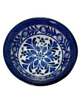 Tajimi Kyo-Gama Kiln Blue Floral Rice Bowl Porcelain Made in Japan 5.75" Diam